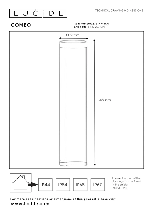 Lucide COMBO - Sokkellamp - Ø 9 cm - LED - 1x9W 3000K - IP54 - Zwart - technisch